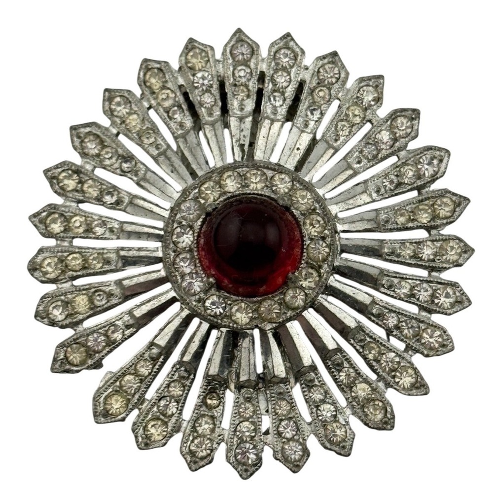 Vintage Art‎ Deco Rhinestone Red Glass Cabochon Flower Silver Tone Fur Clip READ
